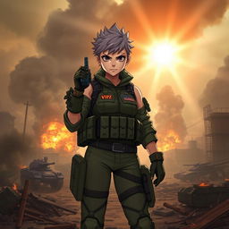 A fierce and determined girl named Candy, clad in tactical military gear, stands confidently as the commander of the ViPz alliance in a war-torn landscape