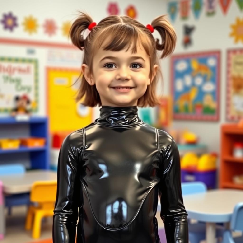 A preschool girl with short hair styled in pigtails stands confidently in a kindergarten setting, dressed in a shiny black latex catsuit that shines under the classroom lights