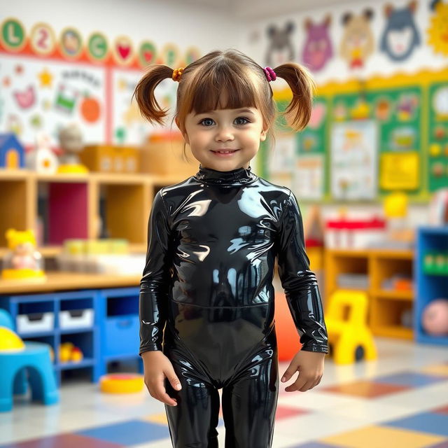 A preschool girl with short hair styled in pigtails stands confidently in a kindergarten setting, dressed in a shiny black latex catsuit that shines under the classroom lights