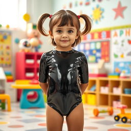 A preschool girl with short hair styled in pigtails stands confidently in a kindergarten setting, dressed in a shiny black latex catsuit that shines under the classroom lights