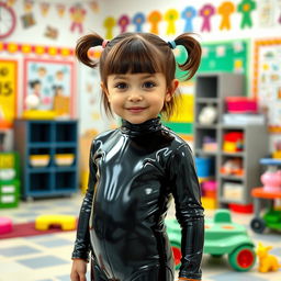 A preschool girl with short hair styled in pigtails stands confidently in a kindergarten setting, dressed in a shiny black latex catsuit that shines under the classroom lights