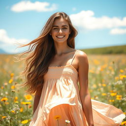 A beautiful young woman with long wavy hair, wearing a flowing summer dress that gently dances in the breeze
