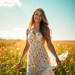 A beautiful young woman with long wavy hair, wearing a flowing summer dress that gently dances in the breeze