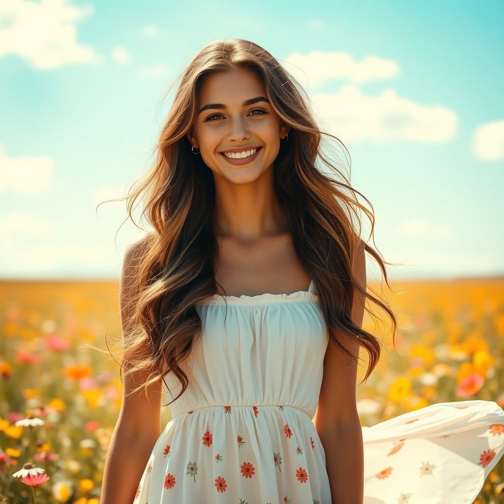 A beautiful young woman with long wavy hair, wearing a flowing summer dress that gently dances in the breeze