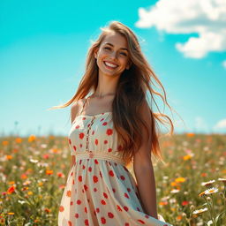 A beautiful young woman with long wavy hair, wearing a flowing summer dress that gently dances in the breeze