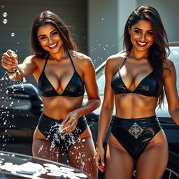 Two sexy Indian models wearing sleek black bikinis while washing a car, splashes of water glistening on their skin