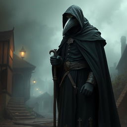 An artistic representation of a medieval plague doctor, wearing the iconic beaked mask, long dark cloak, and gloves, holding a cane