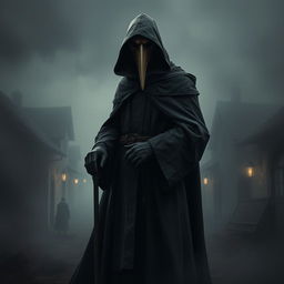 An artistic representation of a medieval plague doctor, wearing the iconic beaked mask, long dark cloak, and gloves, holding a cane