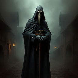 An artistic representation of a medieval plague doctor, wearing the iconic beaked mask, long dark cloak, and gloves, holding a cane