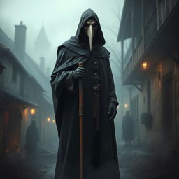 An artistic representation of a medieval plague doctor, wearing the iconic beaked mask, long dark cloak, and gloves, holding a cane