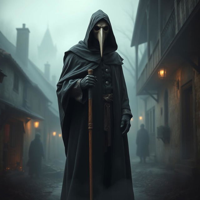 An artistic representation of a medieval plague doctor, wearing the iconic beaked mask, long dark cloak, and gloves, holding a cane