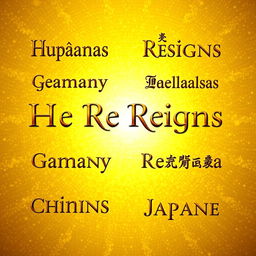 A stunning golden background featuring the phrase "He Reigns" written in different languages, each in an elegant, artistic font