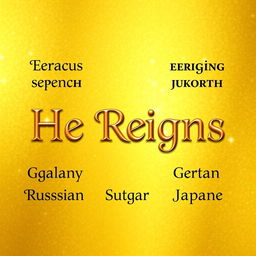 A stunning golden background featuring the phrase "He Reigns" written in different languages, each in an elegant, artistic font