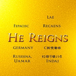 A stunning golden background featuring the phrase "He Reigns" written in different languages, each in an elegant, artistic font