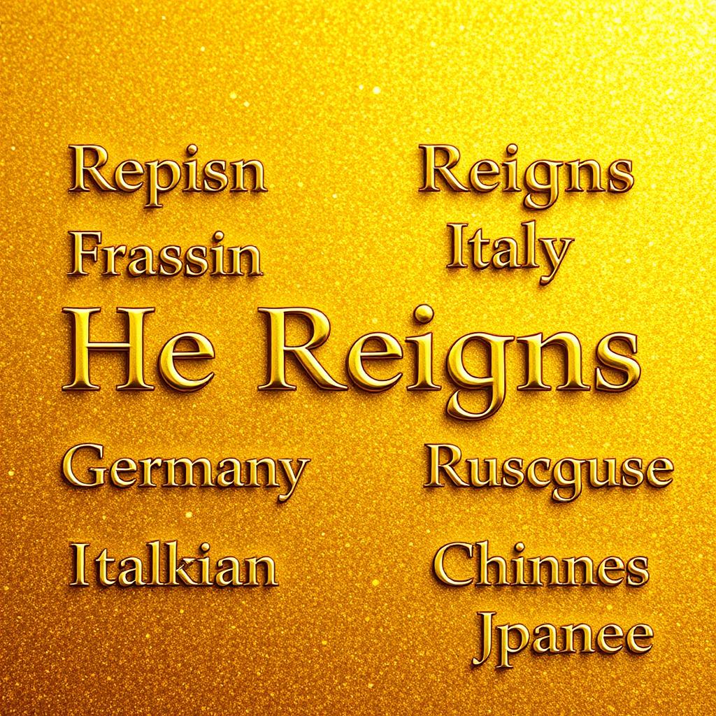 A stunning golden background featuring the phrase "He Reigns" written in different languages, each in an elegant, artistic font
