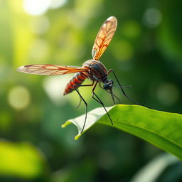 A hyper-realistic depiction of a genetically modified mosquito, showcasing vibrant colors and intricate detail on the wings and body