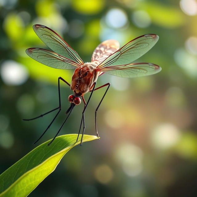 A hyper-realistic depiction of a genetically modified mosquito, showcasing vibrant colors and intricate detail on the wings and body