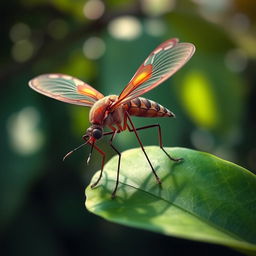 A hyper-realistic depiction of a genetically modified mosquito, showcasing vibrant colors and intricate detail on the wings and body