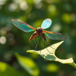 A hyper-realistic depiction of a genetically modified mosquito, showcasing vibrant colors and intricate detail on the wings and body