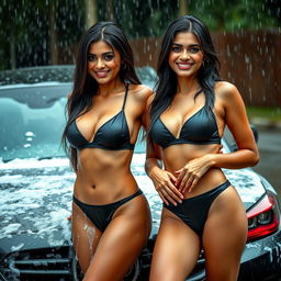 Two sexy Indian models wearing sleek black bikinis while washing a car, drenched in the rain