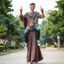 An Indonesian woman wearing a stylish hijab, a long sleeved abaya that flows elegantly around her as she confidently poses flexing both arms