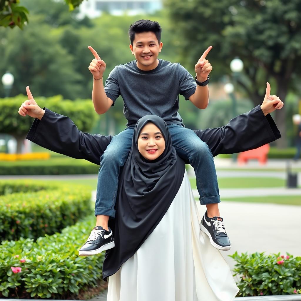 An Indonesian woman wearing a stylish hijab, a long sleeved abaya that flows elegantly around her as she confidently poses flexing both arms