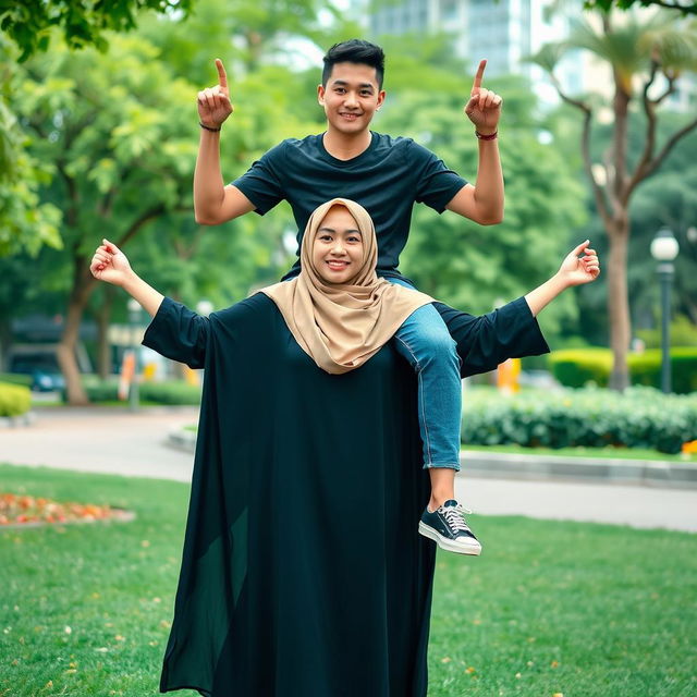 An Indonesian woman wearing a stylish hijab, a long sleeved abaya that flows elegantly around her as she confidently poses flexing both arms