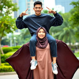 An Indonesian woman wearing a stylish hijab, a long sleeved abaya that flows elegantly around her as she confidently poses flexing both arms