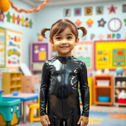 A full-figure view of a preschool girl with short hair styled in pigtails, standing confidently in a kindergarten setting