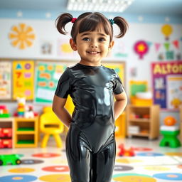 A full-figure view of a preschool girl with short hair styled in pigtails, standing confidently in a kindergarten setting