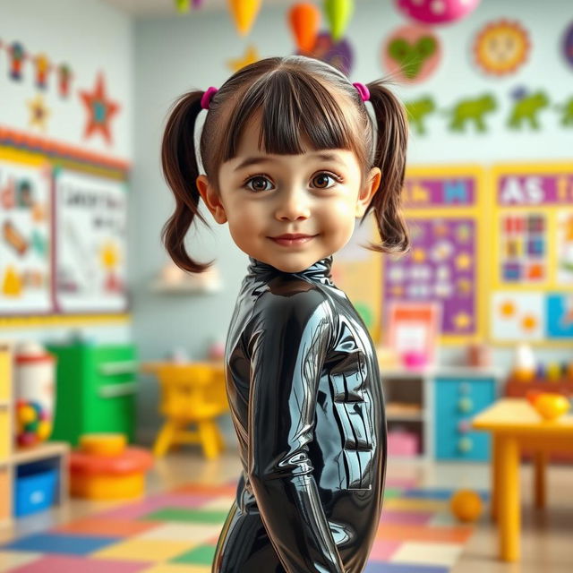 A full-figure view of a preschool girl with short hair styled in pigtails, standing confidently in a kindergarten setting