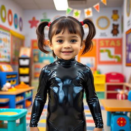 A full-figure view of a preschool girl with short hair styled in pigtails, standing confidently in a kindergarten setting