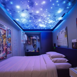 A rejuvenating room with a double bed, a ceiling resembling a moon's surface lit by LEDs, space dedicated to action figures, a wall covered with anime posters, all contributing to a fresh ambience.