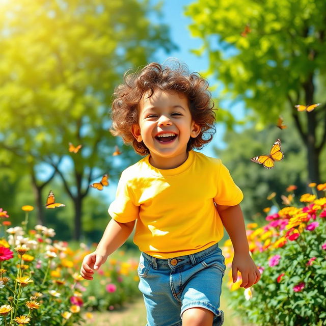 A cheerful young boy with curly hair, wearing a bright yellow t-shirt and denim shorts, playing joyfully in a sunlit park surrounded by colorful flowers and butterflies