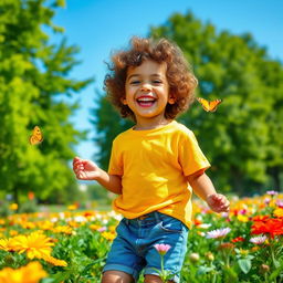 A cheerful young boy with curly hair, wearing a bright yellow t-shirt and denim shorts, playing joyfully in a sunlit park surrounded by colorful flowers and butterflies