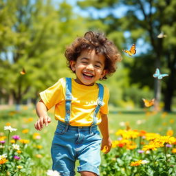 A cheerful young boy with curly hair, wearing a bright yellow t-shirt and denim shorts, playing joyfully in a sunlit park surrounded by colorful flowers and butterflies