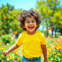 A cheerful young boy with curly hair, wearing a bright yellow t-shirt and denim shorts, playing joyfully in a sunlit park surrounded by colorful flowers and butterflies
