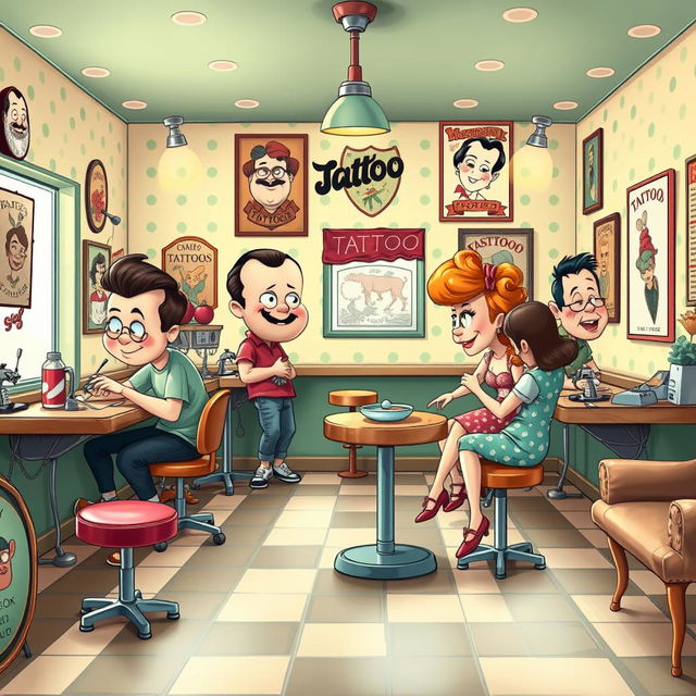 A vibrant cartoon-style tattoo studio inspired by 1940s animation, featuring playful and whimsical characters such as tattoo artists and clients interacting in a lively atmosphere