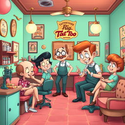 A vibrant cartoon-style tattoo studio inspired by 1940s animation, featuring playful and whimsical characters such as tattoo artists and clients interacting in a lively atmosphere