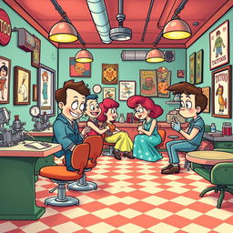 A vibrant cartoon-style tattoo studio inspired by 1940s animation, featuring playful and whimsical characters such as tattoo artists and clients interacting in a lively atmosphere