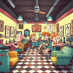 A vibrant cartoon-style tattoo studio inspired by 1940s animation, featuring playful and whimsical characters such as tattoo artists and clients interacting in a lively atmosphere