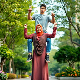 An Indonesian woman dressed in a vibrant hijab and a long sleeved, elegant abaya, stylishly paired with sleek leather boots