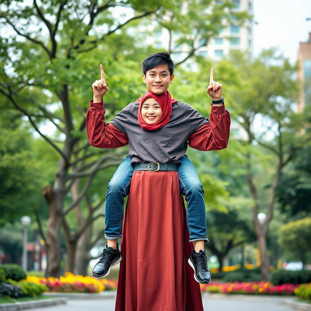 An Indonesian woman dressed in a vibrant hijab and a long sleeved, elegant abaya, stylishly paired with sleek leather boots