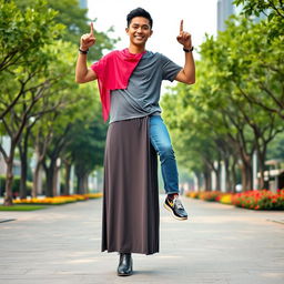 An Indonesian woman dressed in a vibrant hijab and a long sleeved, elegant abaya, stylishly paired with sleek leather boots