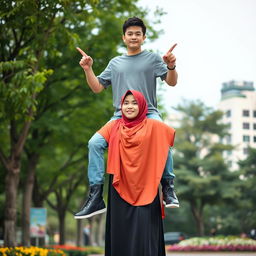 An Indonesian woman dressed in a vibrant hijab and a long sleeved, elegant abaya, stylishly paired with sleek leather boots