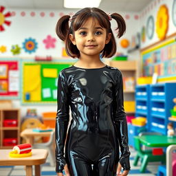 A full-figure view of a school girl with short hair styled in pigtails, standing confidently in a kindergarten setting