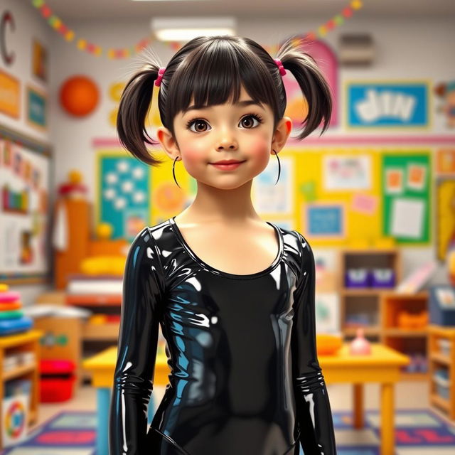 A full-figure view of a school girl with short hair styled in pigtails, standing confidently in a kindergarten setting