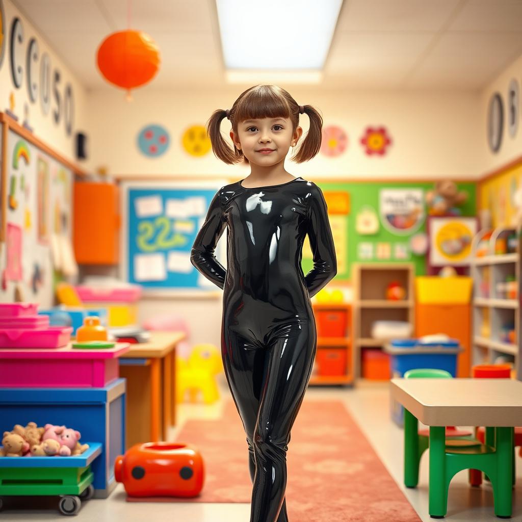 A full-figure view of a school girl with short hair styled in pigtails, standing confidently in a kindergarten setting