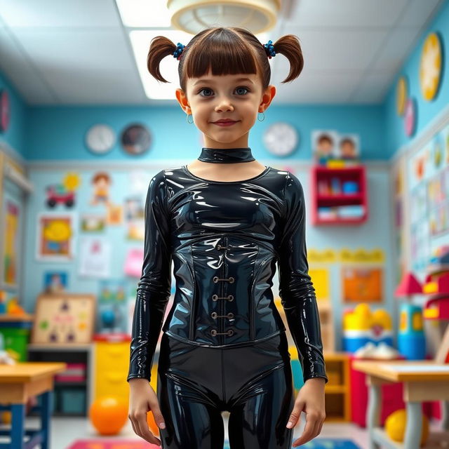 A full-figure view of a school girl with short hair styled in pigtails, standing confidently in a kindergarten setting