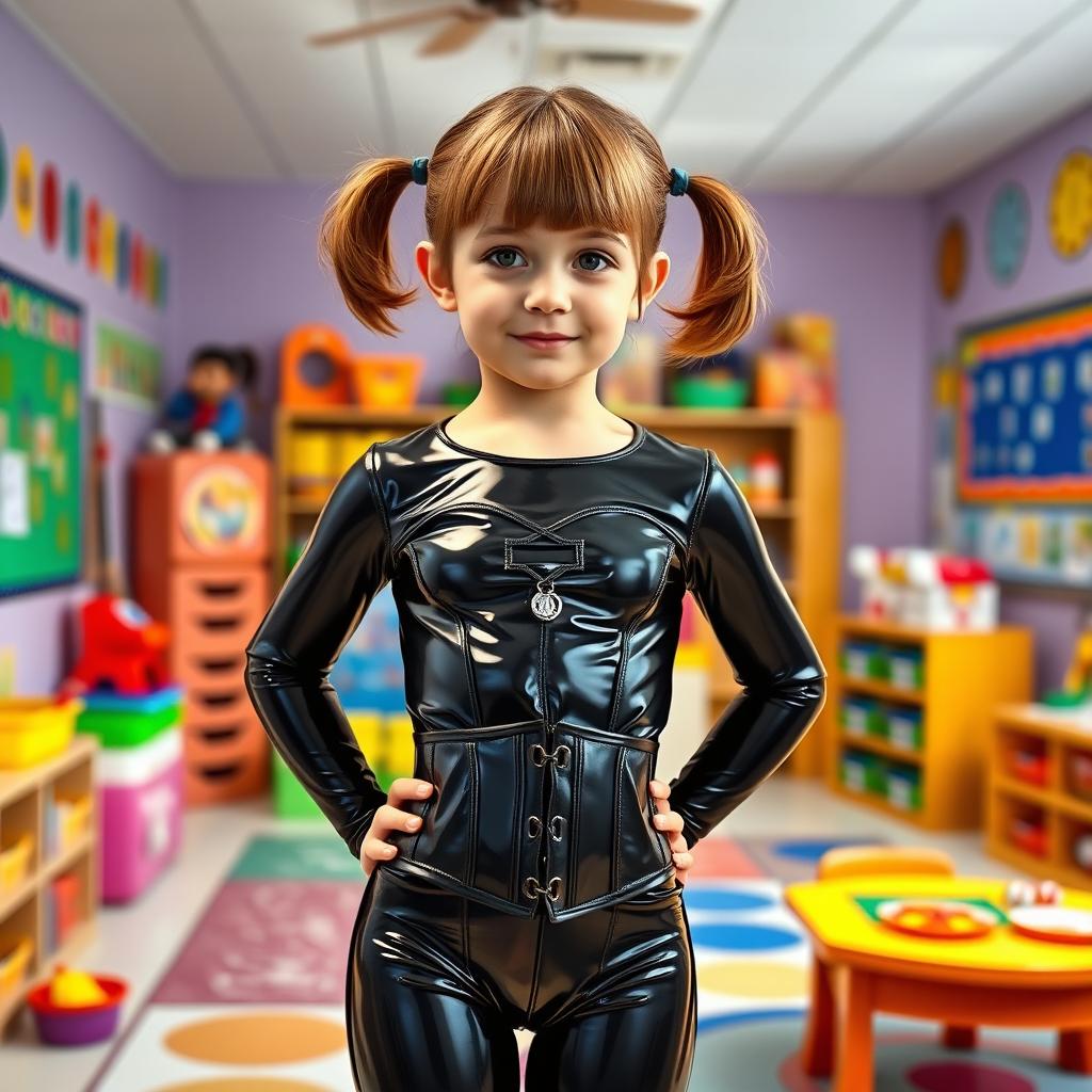 A full-figure view of a school girl with short hair styled in pigtails, standing confidently in a kindergarten setting